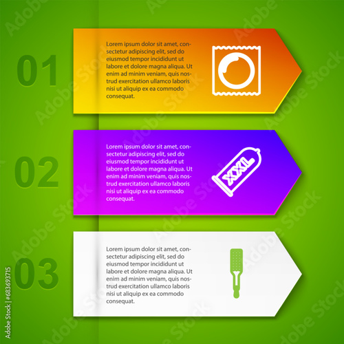 Set line Condom in package, safe sex, Spanking paddle and Sex shop building. Business infographic template. Vector