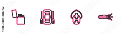 Set line Lighter, Canteen water bottle, Rafting boat and Flashlight icon. Vector