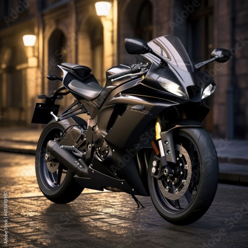 Vertical shot of a Yamaha R6 sports motorcycle parked on a pavement in Melbourne, Australia photo