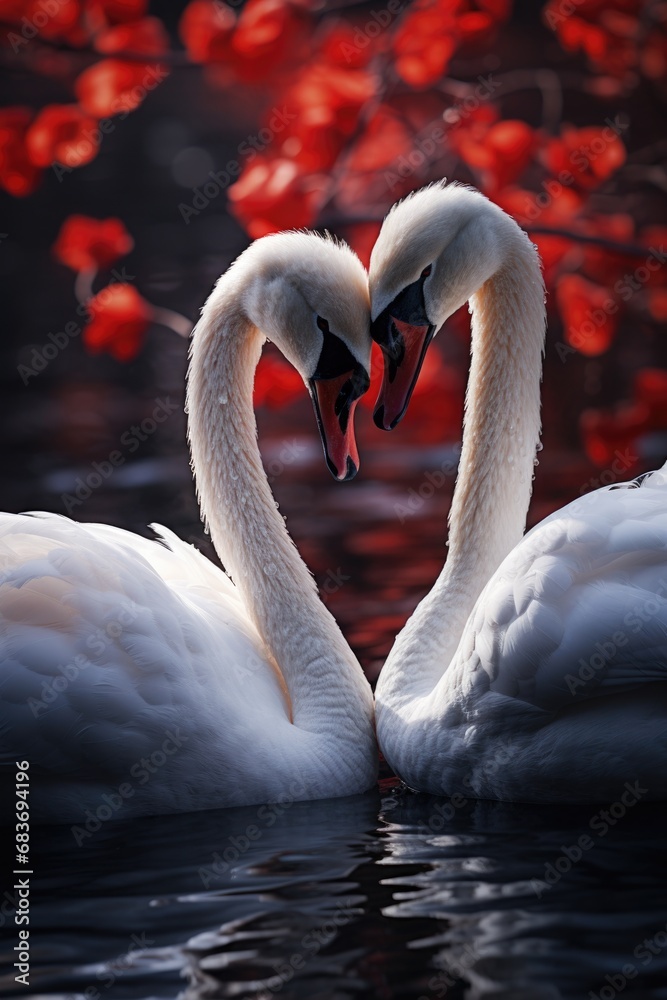Naklejka premium Romantic swan couple with heart shapes on Valentine's Day