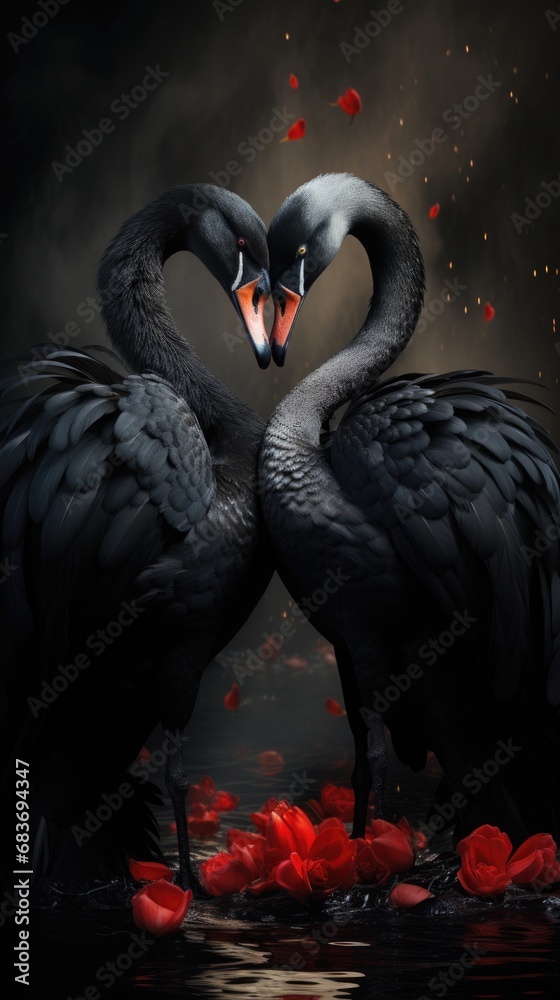 Fototapeta premium Romantic swan couple with heart shapes on Valentine's Day
