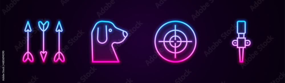 Set line Hipster arrows, Dog, Target sport and Torch flame. Glowing neon icon. Vector