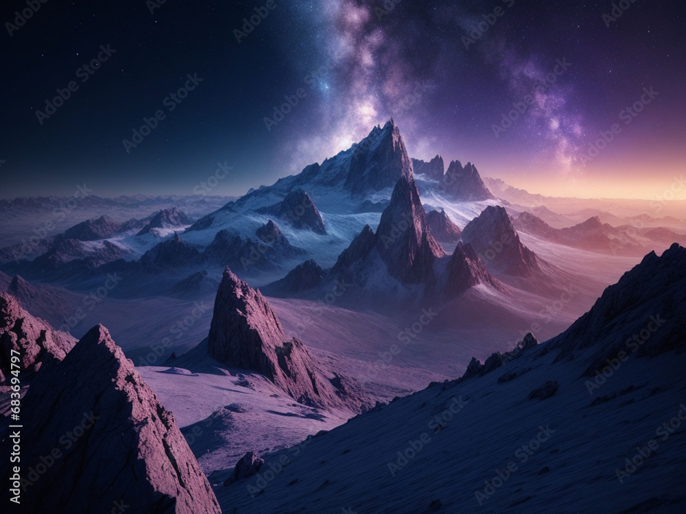 Creative cosmic view from mountain, octane render, dramatic scene
