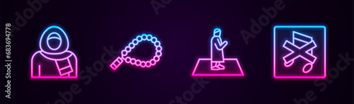 Set line Muslim woman in hijab, Rosary beads religion, prays and Speaker mute. Glowing neon icon. Vector