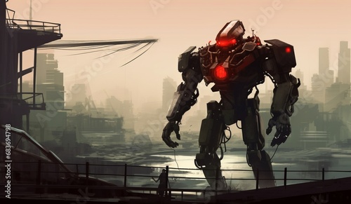 Digital illustration painting design style a giant robot repairing in abandoned dock, against abandoned city, Generative AI © Media Masterpieces