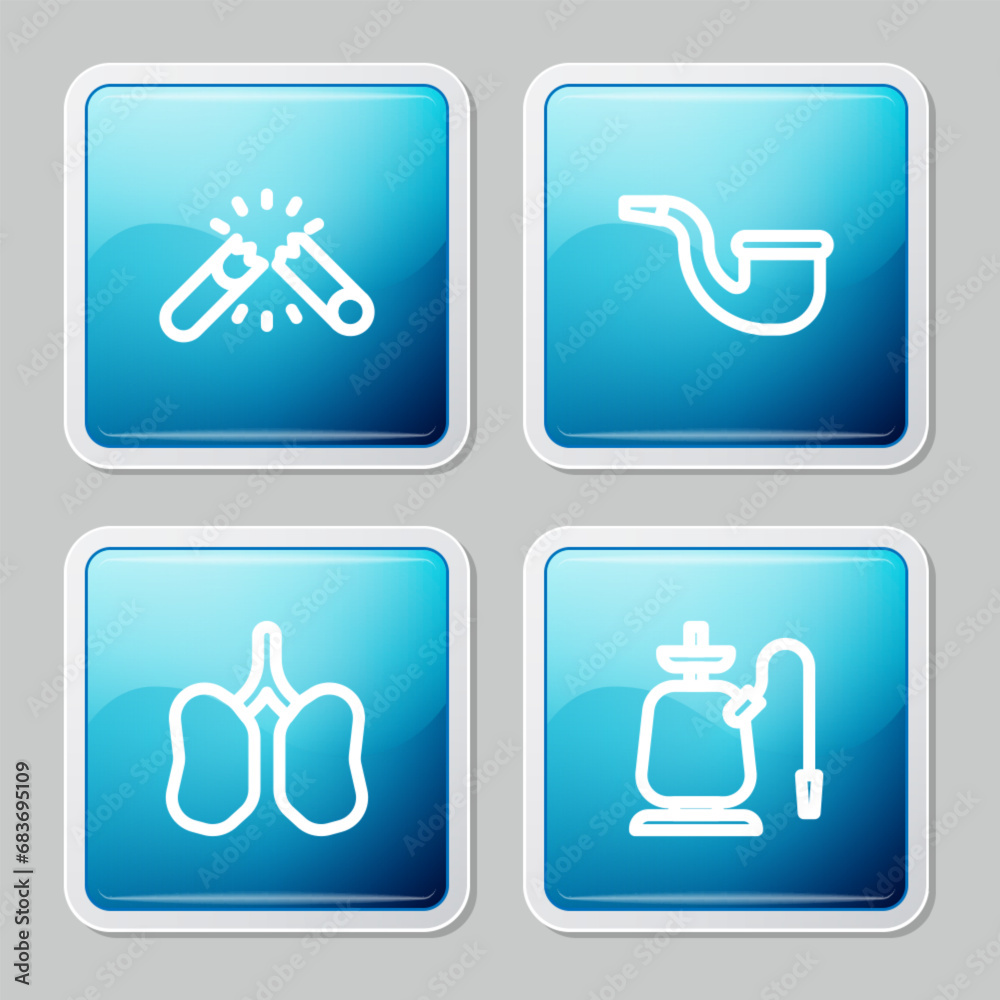 Set line Broken cigarette, No pipe smoking, Lungs and Hookah icon. Vector Set line Broken cigarette, No pipe smoking, Lungs and Hookah icon. Vector