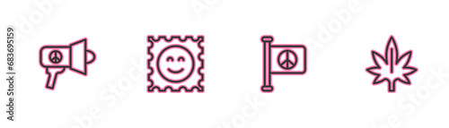 Set line Megaphone, Flag peace, LSD acid mark and Marijuana icon. Vector