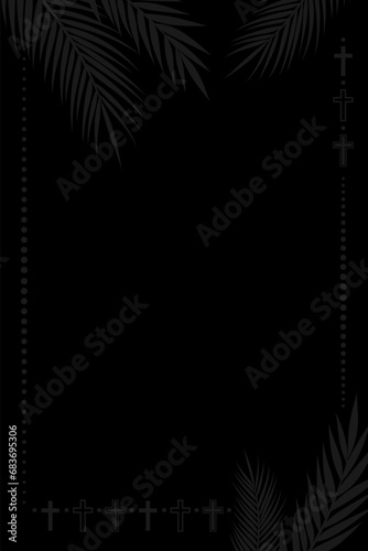 Funeral ornamental background with palm leaves and croses. Vector decoration for memorial design