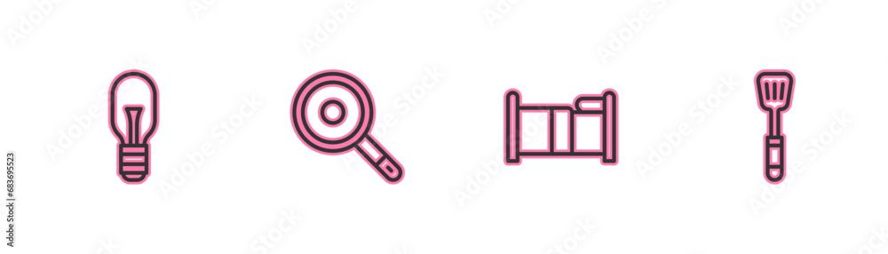 Set line Light bulb, Bed, Frying pan and Spatula icon. Vector Set line Light bulb, Bed, Frying pan and Spatula icon. Vector