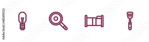Set line Light bulb, Bed, Frying pan and Spatula icon. Vector