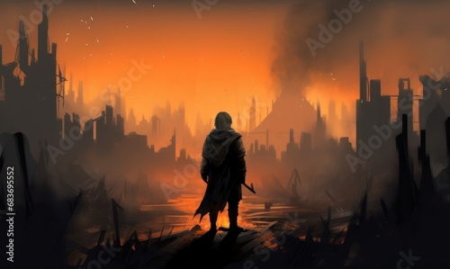 a warrior standing on many ruins against war and building burning, digital illustration art painting design style, Generative AI