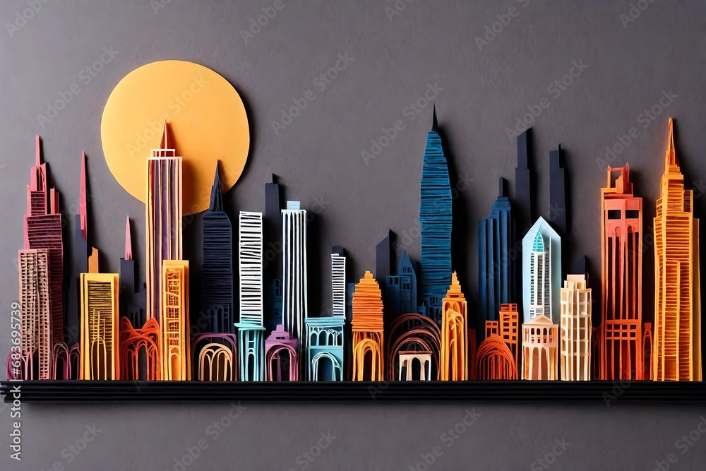 city skyline at night made with paper cutting 
