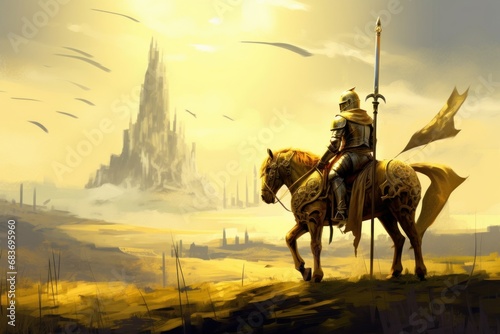 Fényképezés Digital illustration painting design style a golden knight and his horse walking