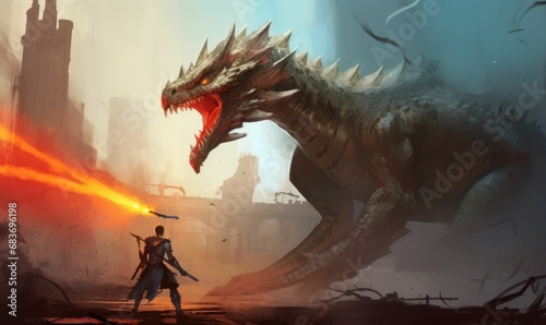 Digital illustration painting design style a dragon slayer fighting with boss of dragon in video game, against ruins city, Generative AI photo