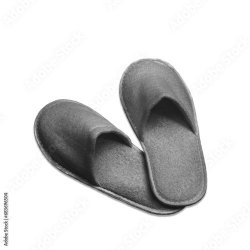 A pair of gray disposable textile slippers on a transparent and white background. PNG. View from above.