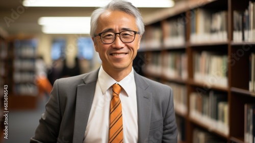 A professor dressed in white from China stands in front of a bookshelf in the office