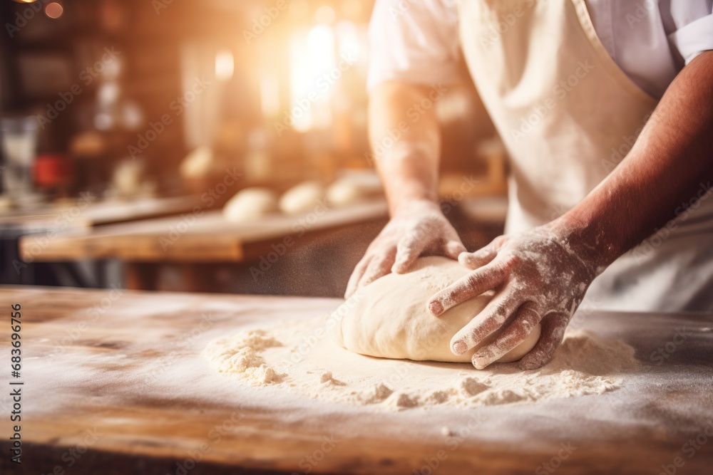 Close-up of skilled hands expertly kneading dough