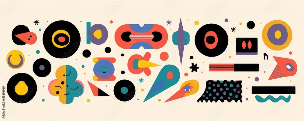 Set of abstract retro geometric shapes . Collection of contemporary figure, sparkle, arrow, flower in 70s groovy style. Bauhaus Memphis design element perfect for banner, print, stickers,Generative AI