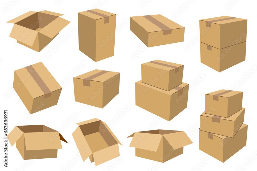 Vector illustration set of cardboard boxes with different angles and sizes Vector illustration set of cardboard boxes with different angles and sizes