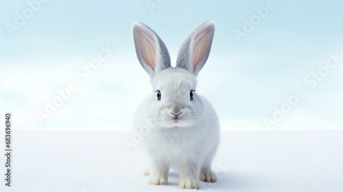 Close-up of a cute rabbit in a white scene Turn to look at the front. generative ai