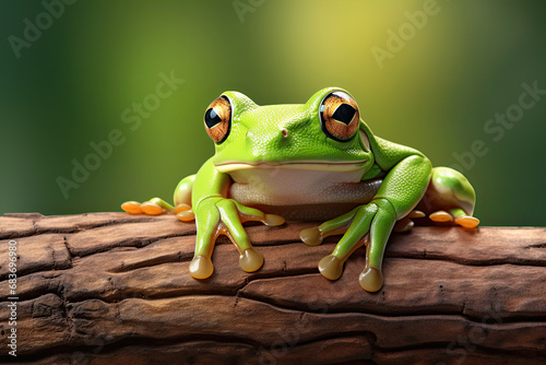 green frog on a branch. blurred background