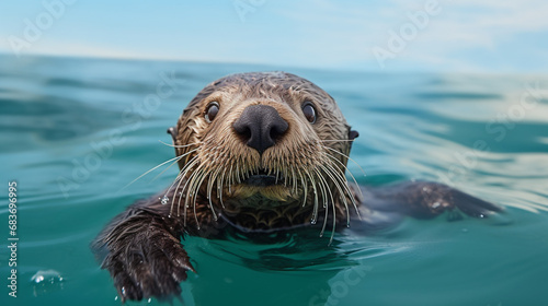 Closeup of young sea otter (Enhydra lutris) Floating in ocean on the California coast. generative ai