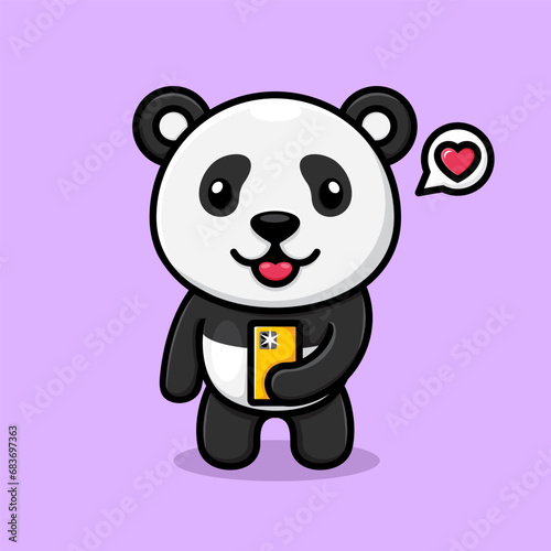 cute cartoon panda  taking a photo with a cell phone.