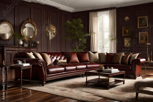 Design an opulent Mahogany Color Sofa scene, emphasizing its rich tones and regal presence. 
