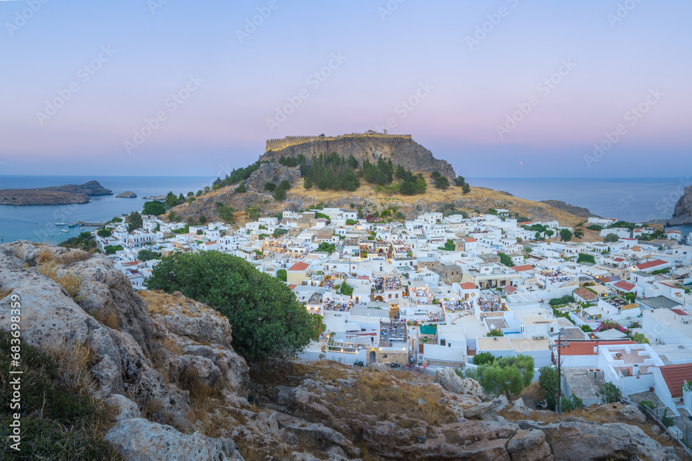 Beautiful Village of Lindos at Dusk, Rhodes Island - Greek