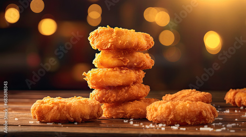 stacked fried chicken nuggets on wooden board photo