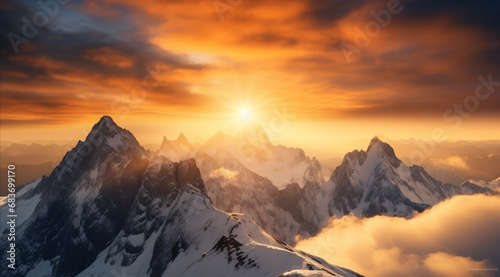 The sun bursts over the horizon, lighting up the alpine peaks.