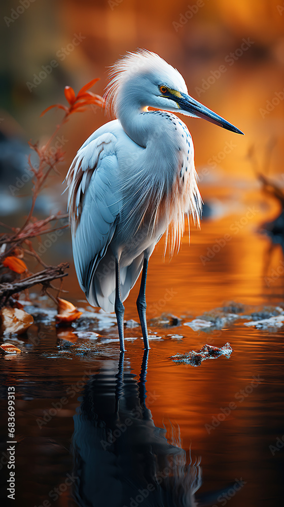 Naklejka premium An Egret In The Blue Hour Blurry Background