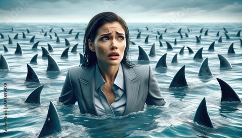 Overwhelmed professional amidst metaphorical sharks in business photo