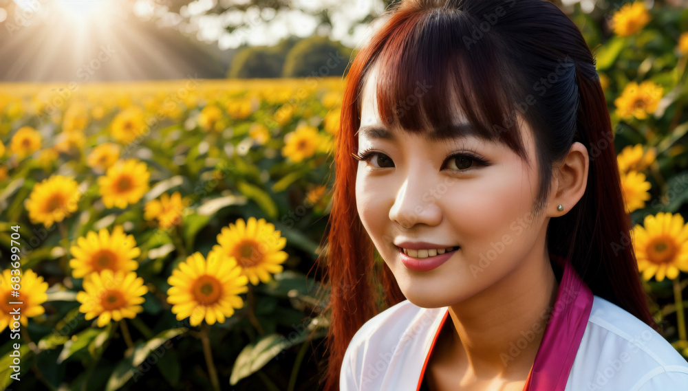 Hübsche junge Asiatin mit toller Landschaft mit Sonnenblumen im Hintergrund . KI Generated Hübsche junge Asiatin mit toller Landschaft mit Sonnenblumen im Hintergrund . KI Generated