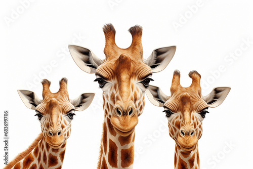 Three giraffes isolated on white background, clipping path included. 