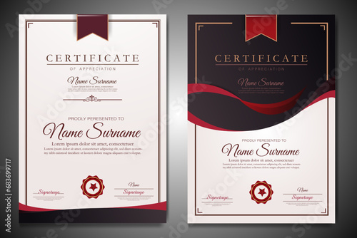 A set of two certificate with vector clean style black and maroon color modern certificate card template