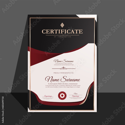 A  certificate with vector clean style black and maroon color modern certificate card template
