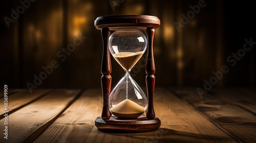 A brown wooden hourglass with running sand as a sign of time running out on a brown wooden table with AI