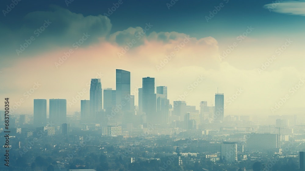A hazy cityscape with visible smog over the skyline, obscuring tall buildings with AI