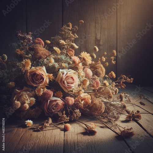 A bouquet of withered flowers on the floor