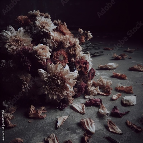 A bouquet of withered flowers on the floor photo