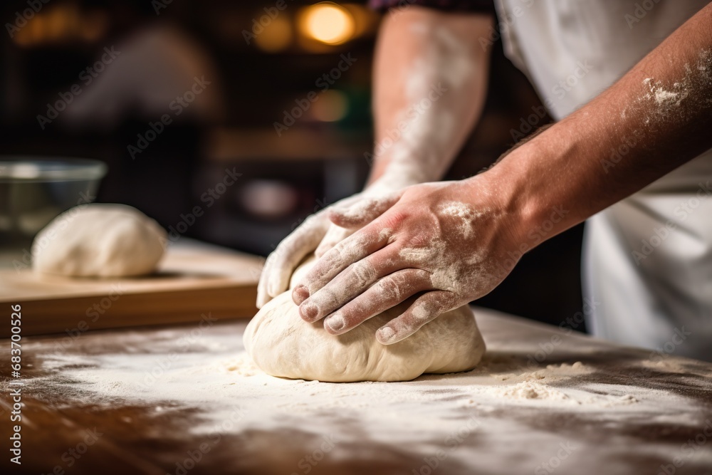 Close-up of skilled hands expertly kneading dough
