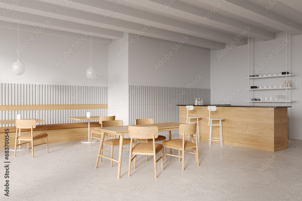 Fototapeta premium Stylish cafeteria interior with chairs and table, dining corner with bar counter
