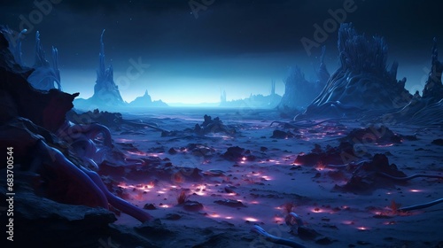 a video game showing a rocky landscape with a body of water and a large explosion