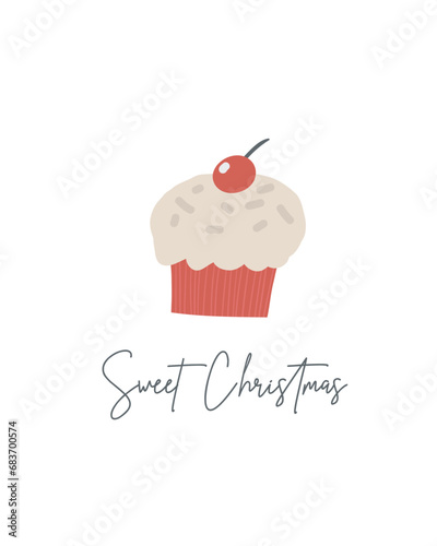Cute winter Christmas New Year postcard with cute hand drawn doodle cherry cake  cupcake  pie. Cold winter season cover  template  banner  poster  print. Holiday seasonal background for kids