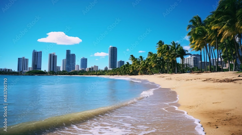 Obraz premium a beach with palm trees and a city in the background