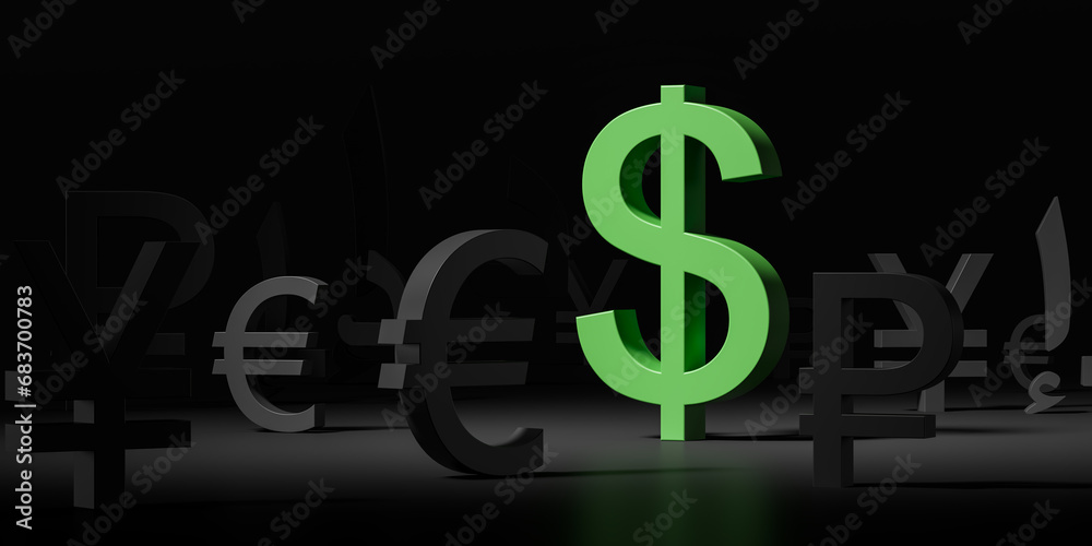 Green dollar and other countries currencies on dark background Green dollar and other countries currencies on dark background