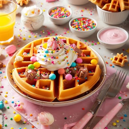 Birthday party waffles with youghurt and colorful sprinkles