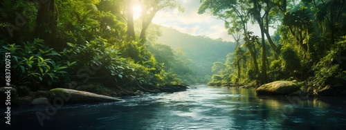 A meandering river in the Amazon rainforest  backlight photography with AI
