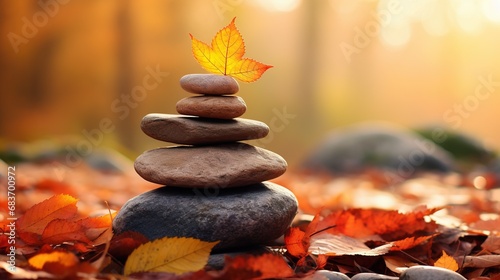 A stack of rocks with leaves on top of it and a blurry background with AI